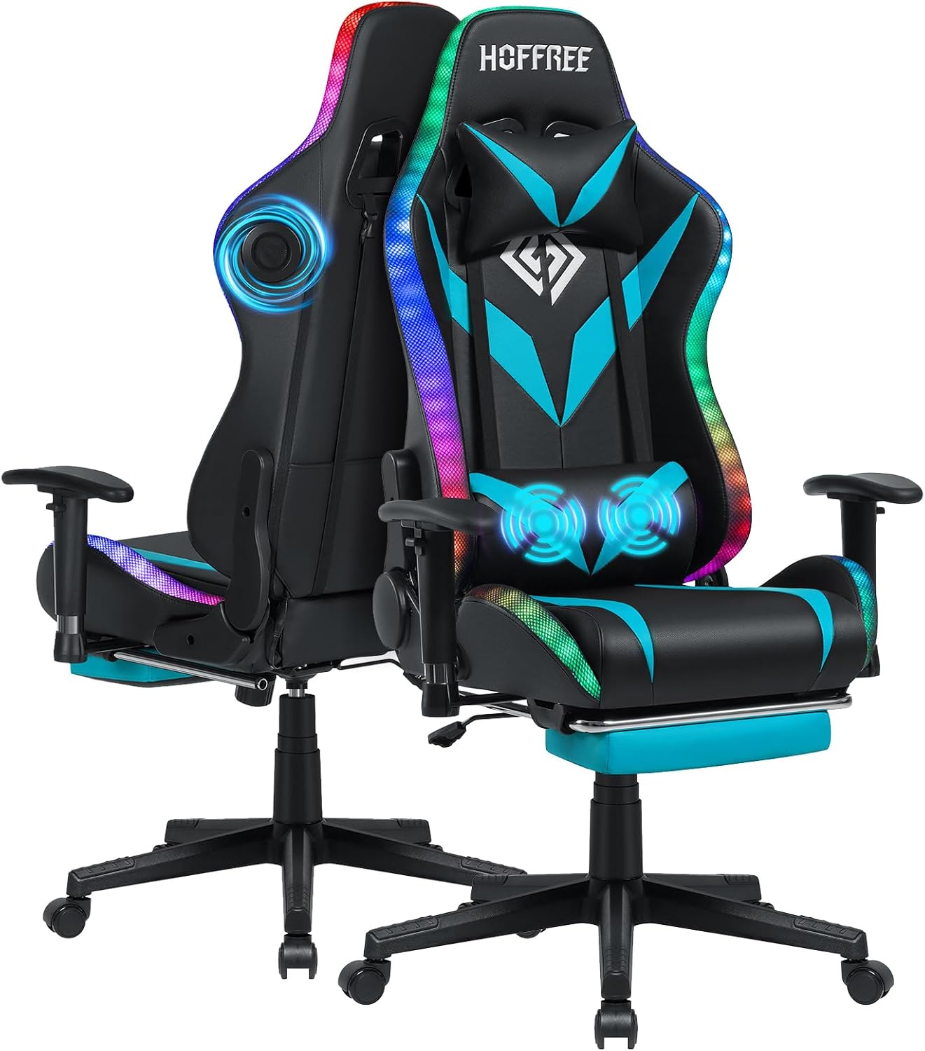 HOFFREE Gaming Chair with Bluetooth Speakers and Led Lights Massage Video Game Chair with Footrest Reclining High Back Computer Gamer Chair Blue and Black