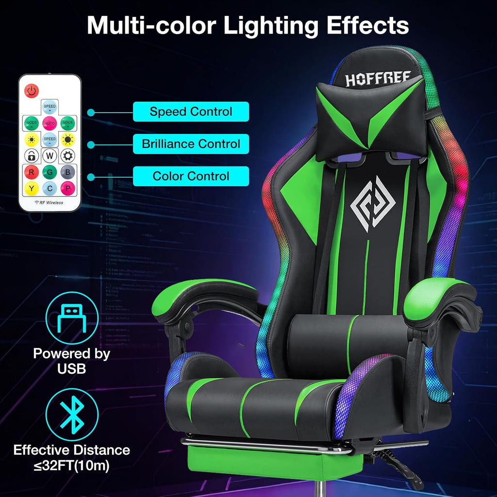 HOFFREE Gaming Chair with LED RGB Lights with Massage and Footrest Ergonomic Computer Chair High Back Video Game Chair with Adjustable Lumbar Support Linkage Armrest Green and Black