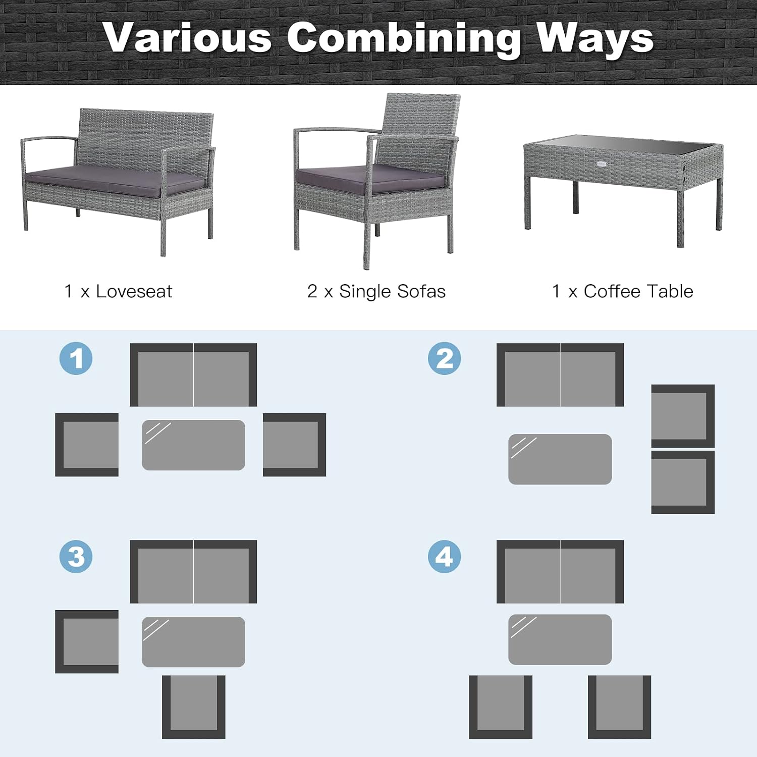Tangkula 8 Piece Patio Furniture Set, Patiojoy Outdoor Wicker Conversation with Soft Cushion, Glass Tabletop, Solid Steel Frame, Sectional Sofa for Backyard, Poolside, Balcony