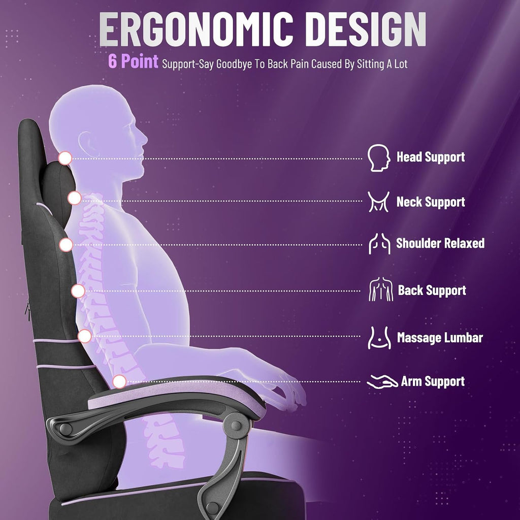 Ferghana Gaming Chair, Velvet Fabric Comfortable Computer Chair with Footrest and Linkage Armrest, Ergonomic High Back Game Chair with Massage Lumbar Support for Adult, Black/Purple