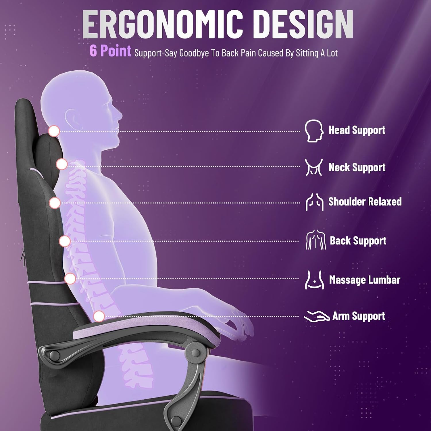 Ferghana Gaming Chair, Velvet Fabric Comfortable Computer Chair with Footrest and Linkage Armrest, Ergonomic High Back Game Chair with Massage Lumbar Support for Adult, Black/Purple