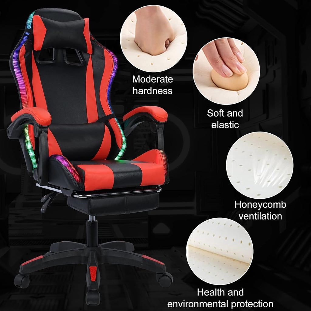 Gaming Chair with Bluetooth Speakers and RGB LED Lights, High Back Video Game Massage Chair 360° Swivel Height Adjustable Recliner with Footrest & Headrest Lumbar Support Pillows (Black & Red)