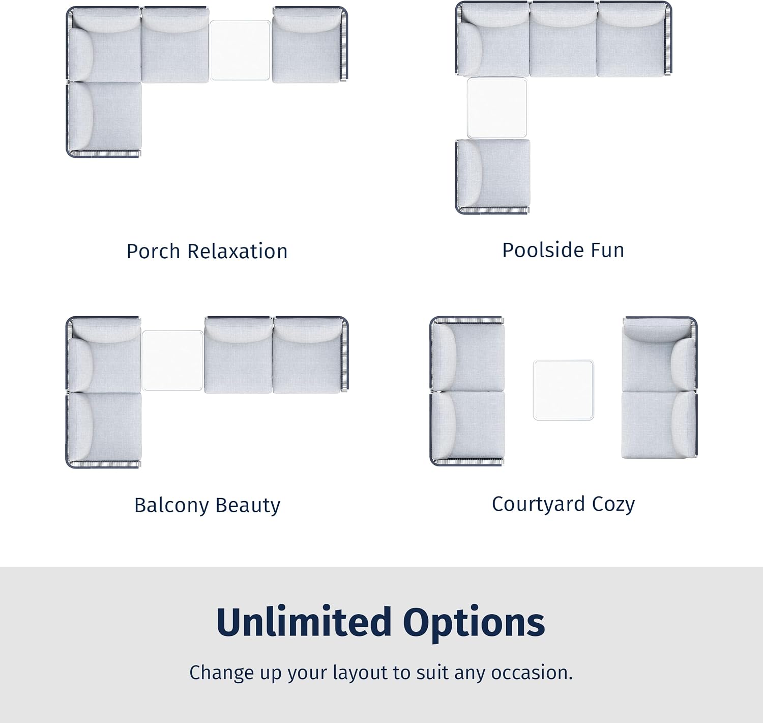 East Oak 5-Piece Montauk Modular Patio Furniture Set, Outdoor Sectional Sofa with Cushion and Glass Coffee Table, Modern Patio Conversation Set for Garden, Backyard and Porch, Grey