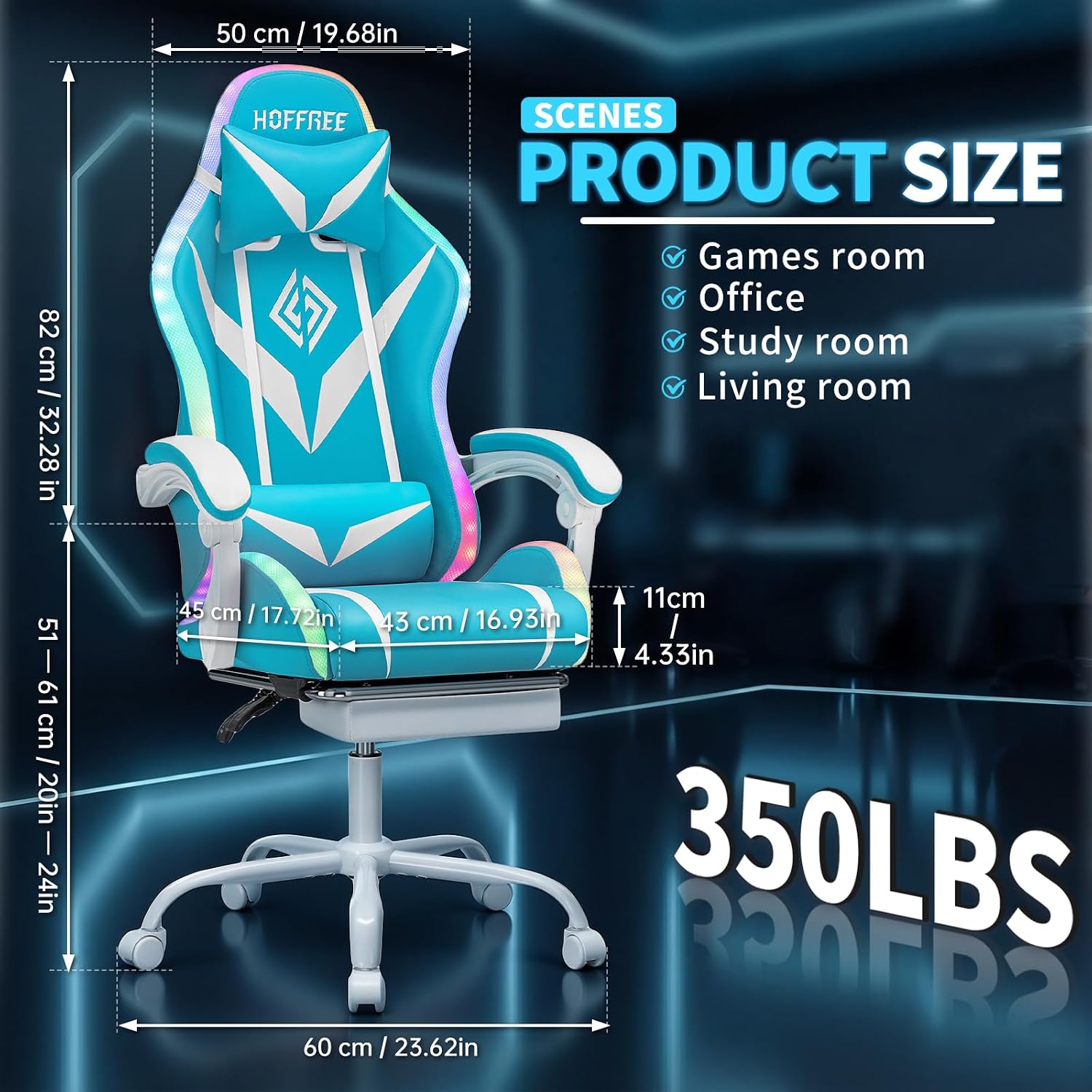RGB Gaming Chair with LED Lights and Massage Ergonomic Computer Chair Cute with Footrest High Back Video Game Chair with Adjustable Lumbar Support Linkage Armrest Light Blue and White