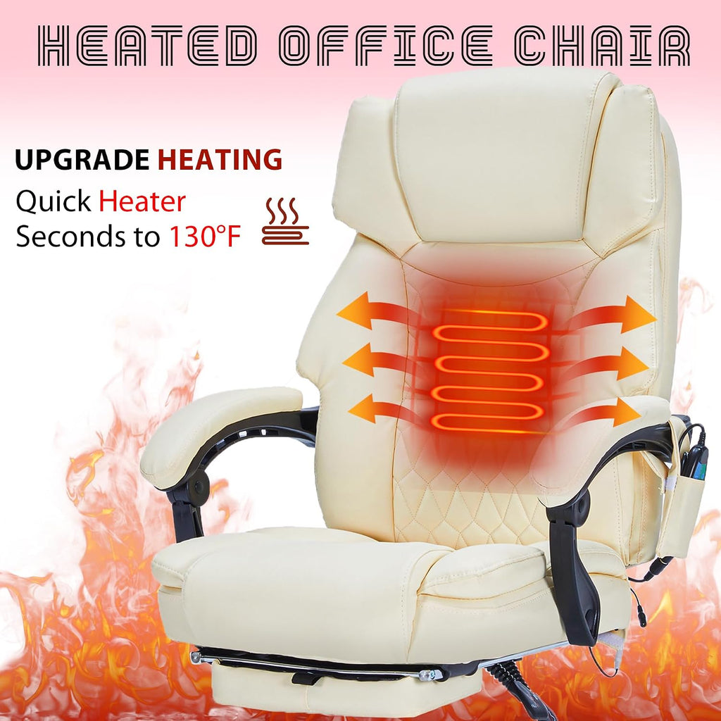 Massage Office Chair with Foot Rest 6 Points Vibration and Heat Home Office Desk Chairs for Heavy People 400lbs Reclining Managerial Chairs Ergonomic Executive Chair (Cream)