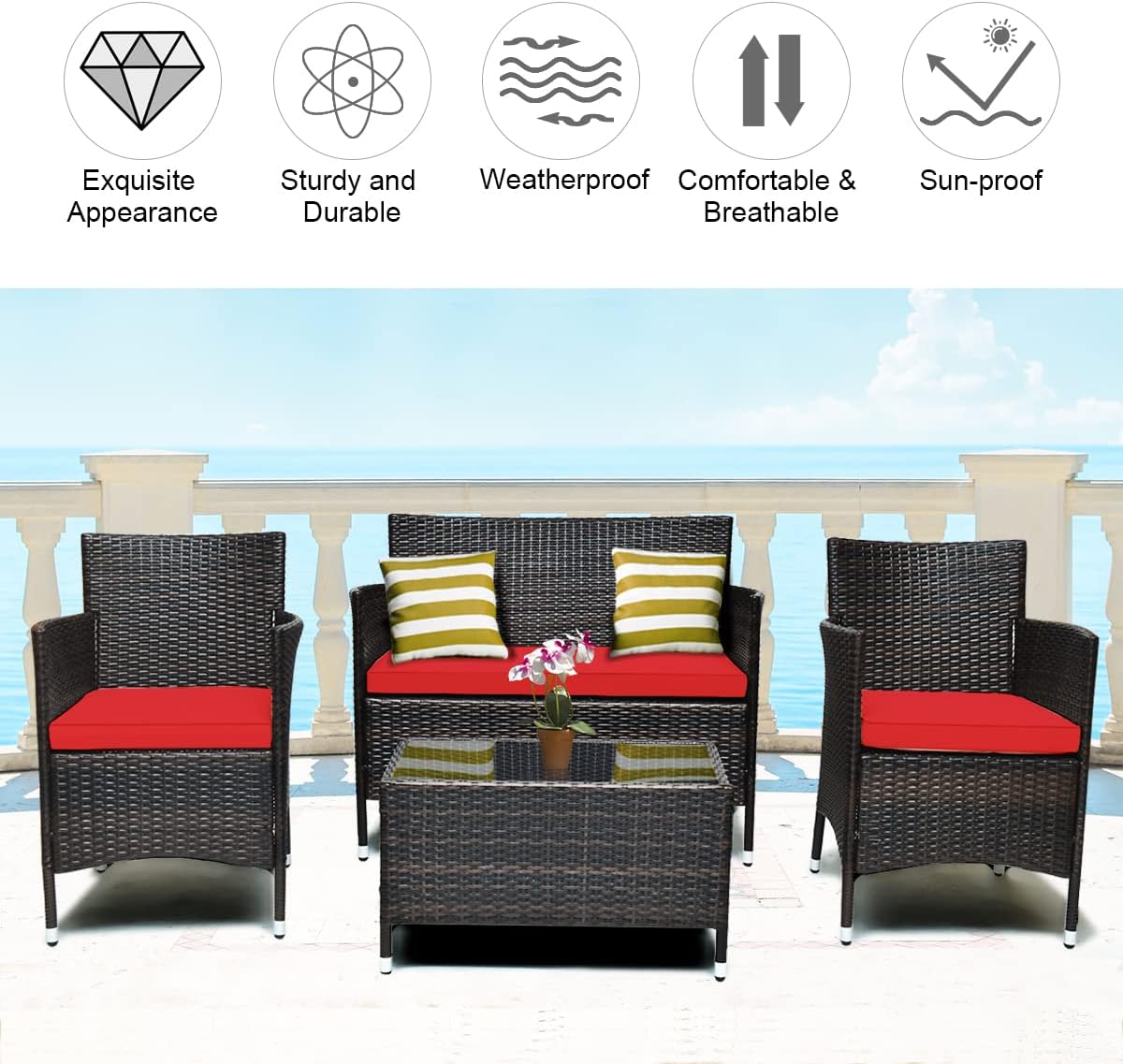 COSTWAY 4PCS Rattan Patio Furniture Set, Outdoor Wicker Rattan Chairs with Coffee Table, Rattan Cushioned Conversation Set for Backyard Balcony Porch Poolside, Red