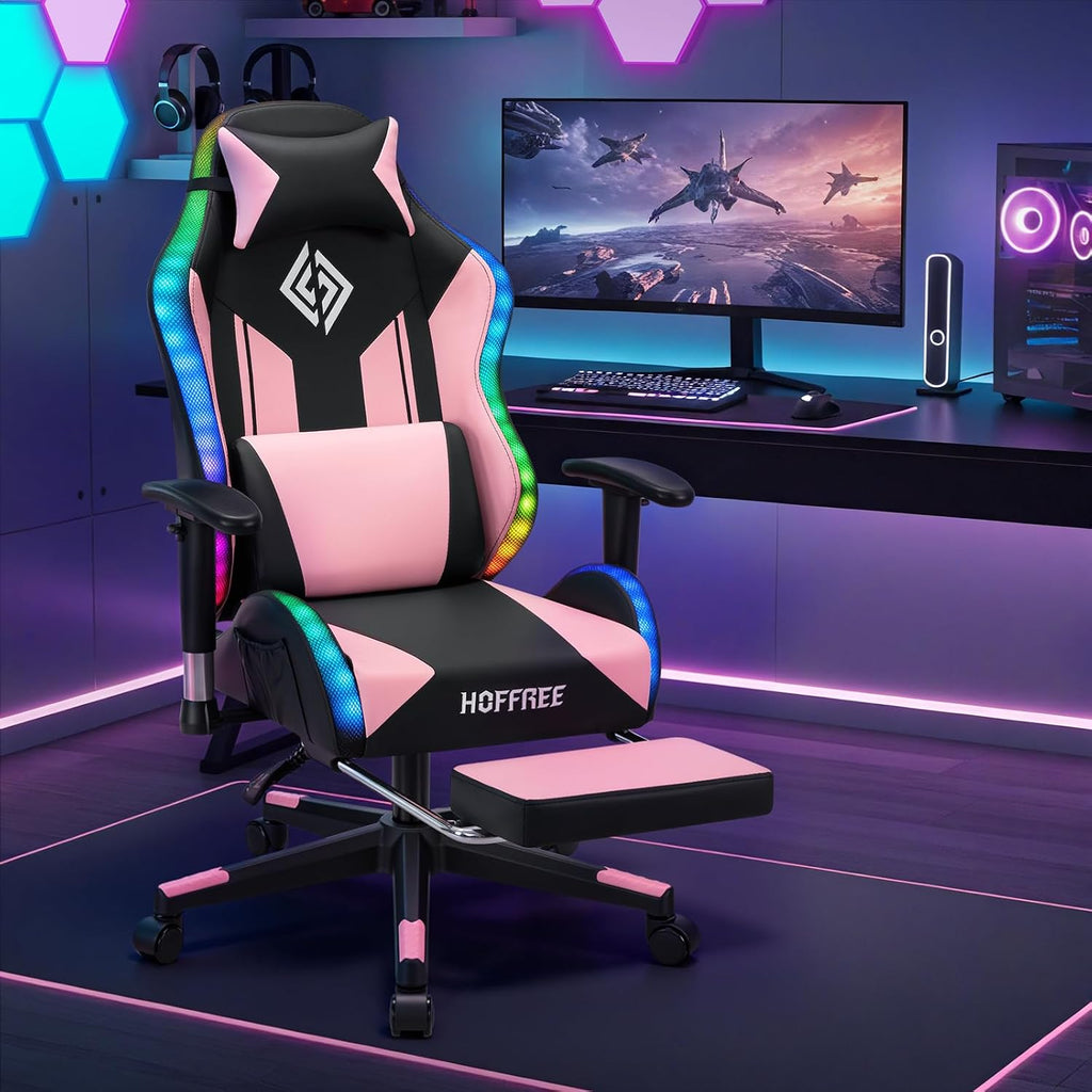 HOFFREE RGB LED Gaming Chair for Kids Reclining Gaming Chairs for Teens 8-15 Computer Chair with RGB Lights Kids PC Game Chair with Footrest and Lumbar Support Video Game Chairs Pink and Black