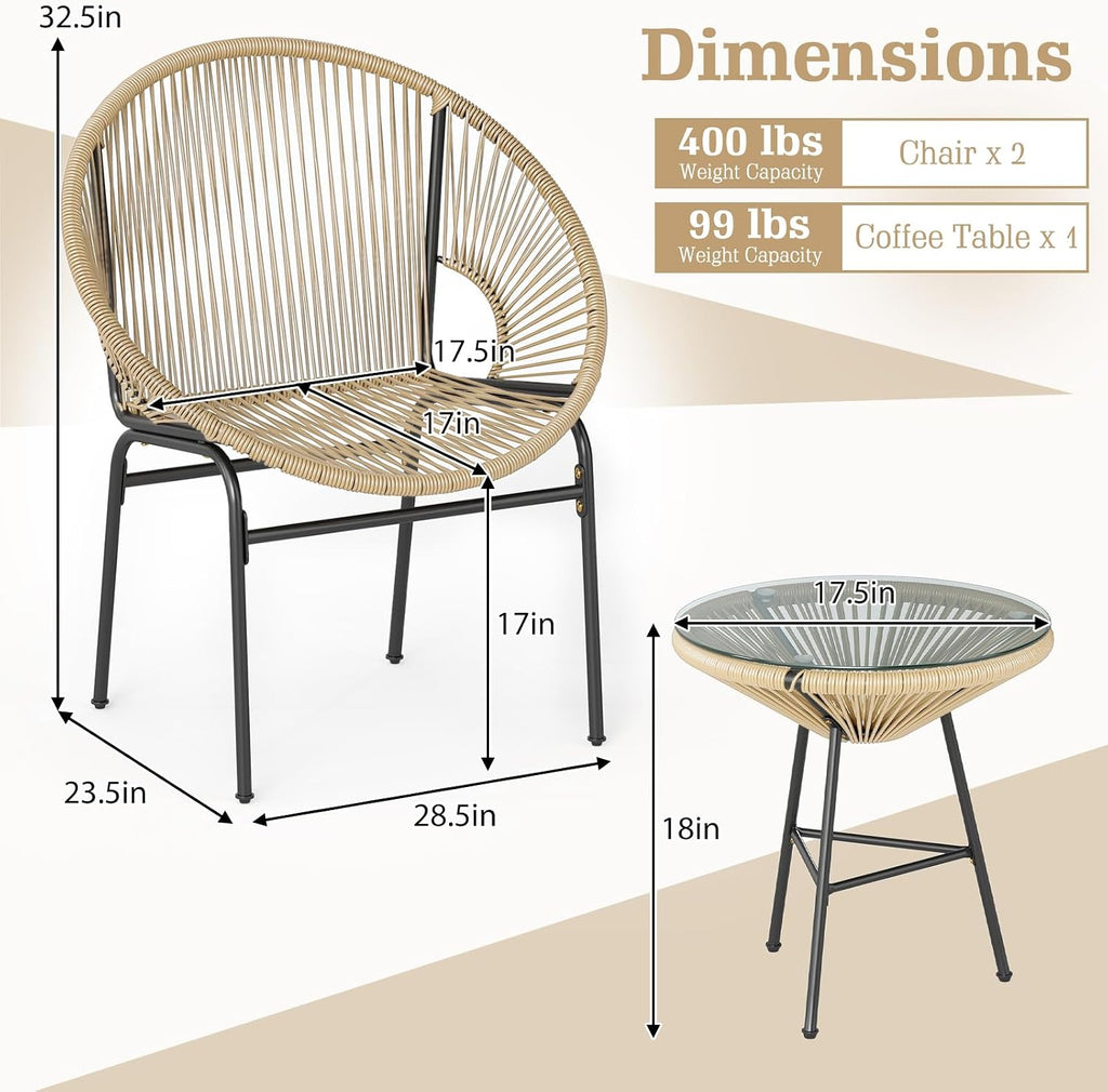 Tangkula 3 Piece Outdoor Patio Furniture Set, Acapulco Chair Set w/Plastic Rope, Tempered Glass Table, All Weather Patio Bistro Set for Patio, Lawn, Garden, Backyard (Brown)