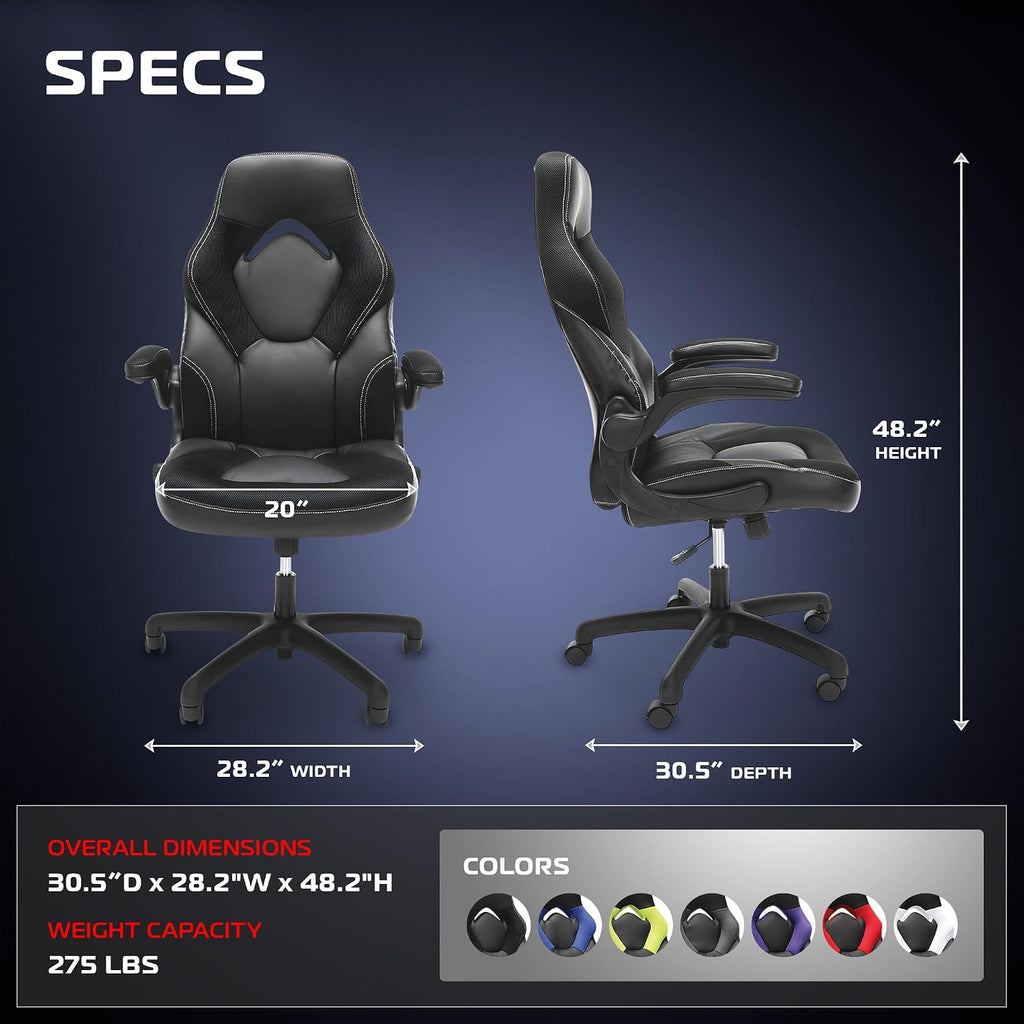 RESPAWN 3085 Ergonomic Gaming Chair for Adults, High Back Office Chair with Headrest and Flip Up Arms, Leather Racing Style Gaming Seat with Lumbar Support, Video Game Computer Desk Seat - Black
