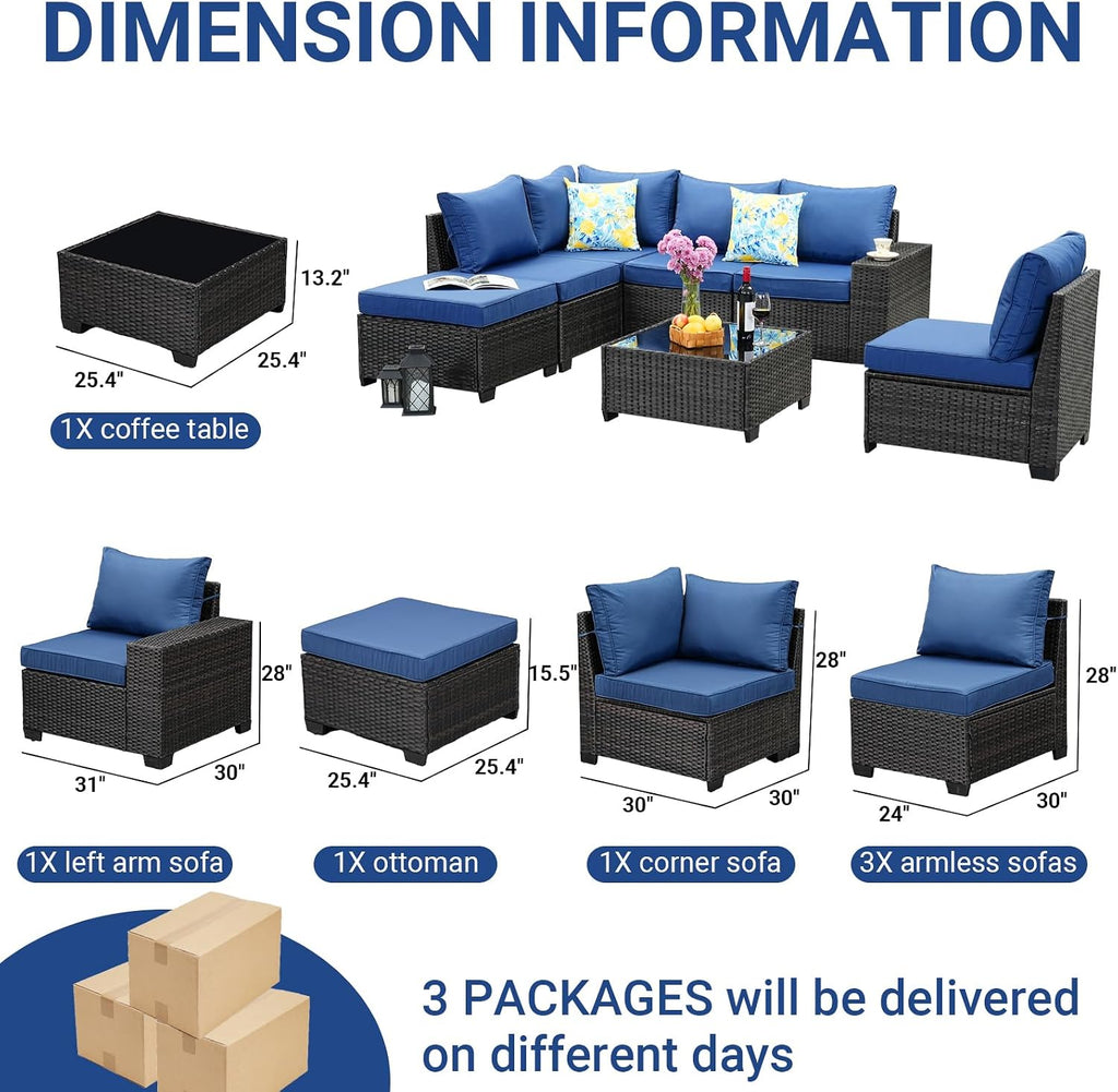 Jing's Villa 7-Piece Patio Furniture Set, All-Weather Outdoor Wicker Sectional Sofa with Cushions, Tempered Glass Table & Ottoman, Rattan Conversation Seating for Porch, Garden, Backyard,Navy