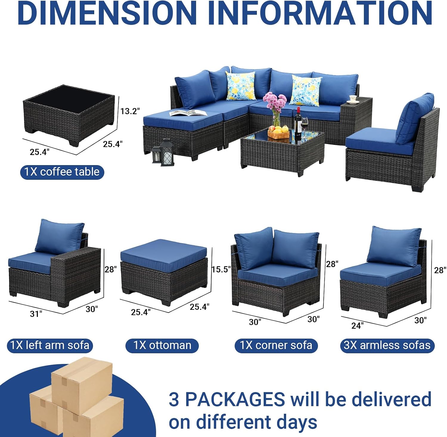 Jing's Villa 7-Piece Patio Furniture Set, All-Weather Outdoor Wicker Sectional Sofa with Cushions, Tempered Glass Table & Ottoman, Rattan Conversation Seating for Porch, Garden, Backyard,Navy