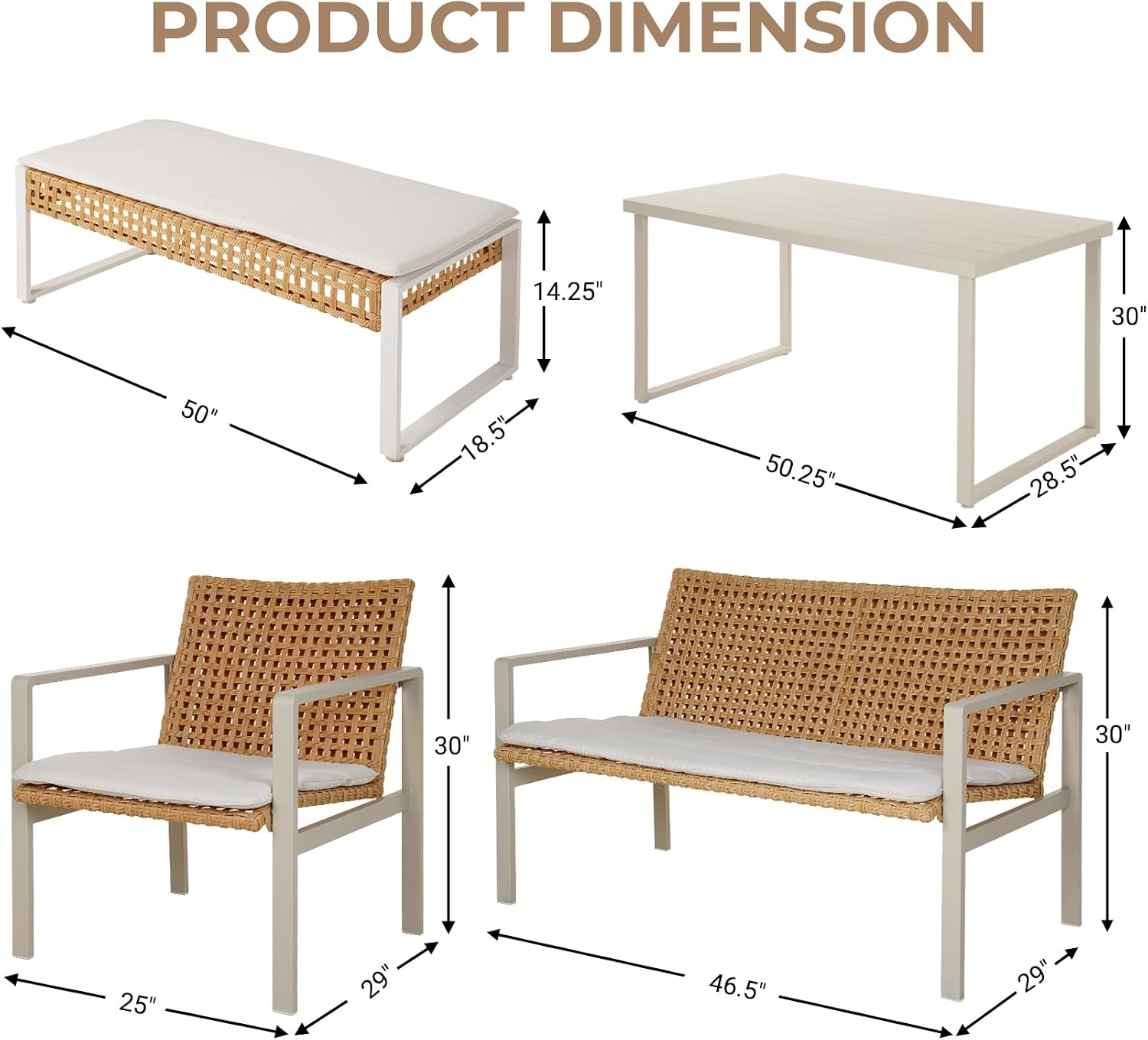 Grand patio 5-piece Outdoor Dining Set, Wicker Patio Dining Table Set for 6 with Seat Cushion, Modern Metal Outdoor Furniture Loveseat Chairs Bench Set for Backyard Garden Deck