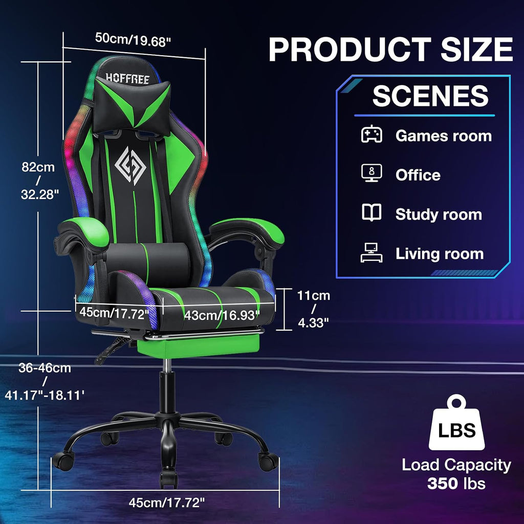 RGB Gaming Chair with LED Lights Massage Ergonomic Computer Gaming Chair High Back Video Game Chair with Footrest and Adjustable Lumbar Support Linkage Armrest Gamer Chairs for Adults Green and Black