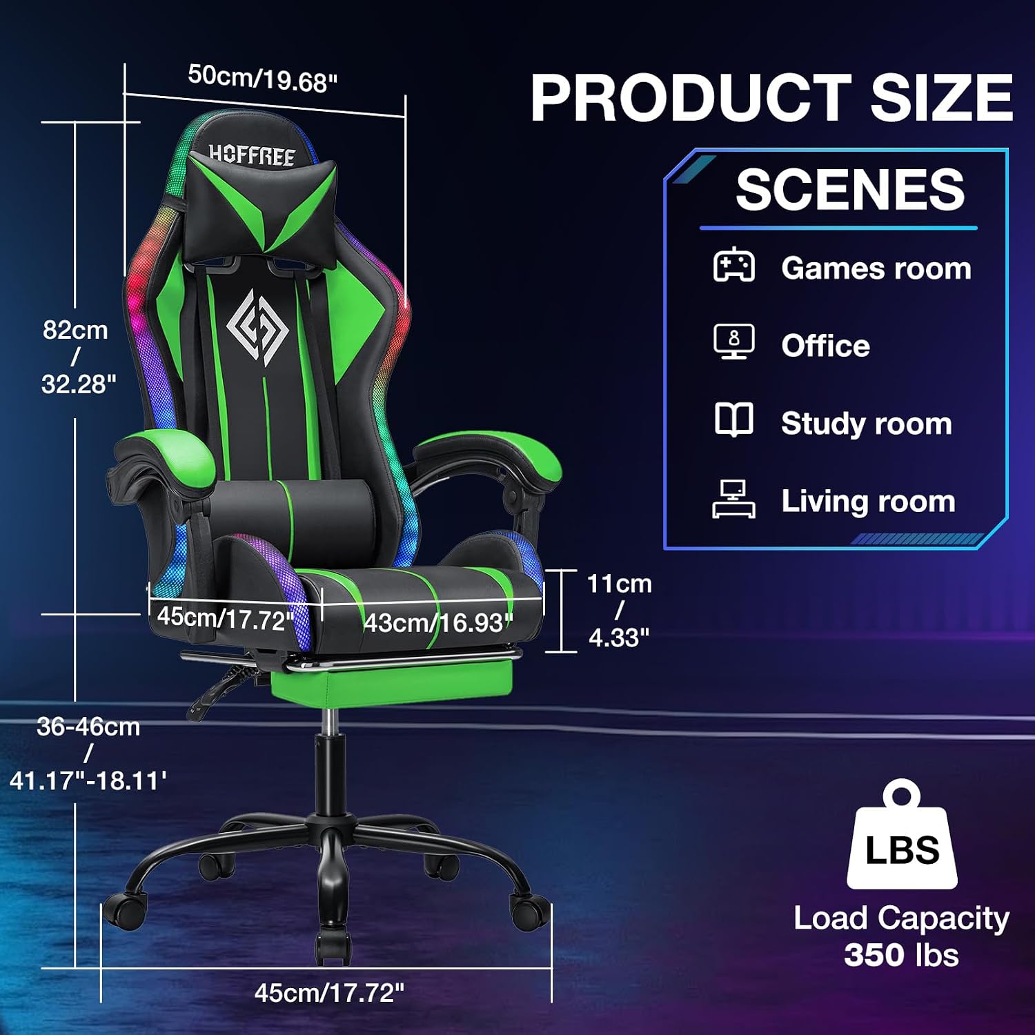 RGB Gaming Chair with LED Lights Massage Ergonomic Computer Gaming Chair High Back Video Game Chair with Footrest and Adjustable Lumbar Support Linkage Armrest Gamer Chairs for Adults Green and Black