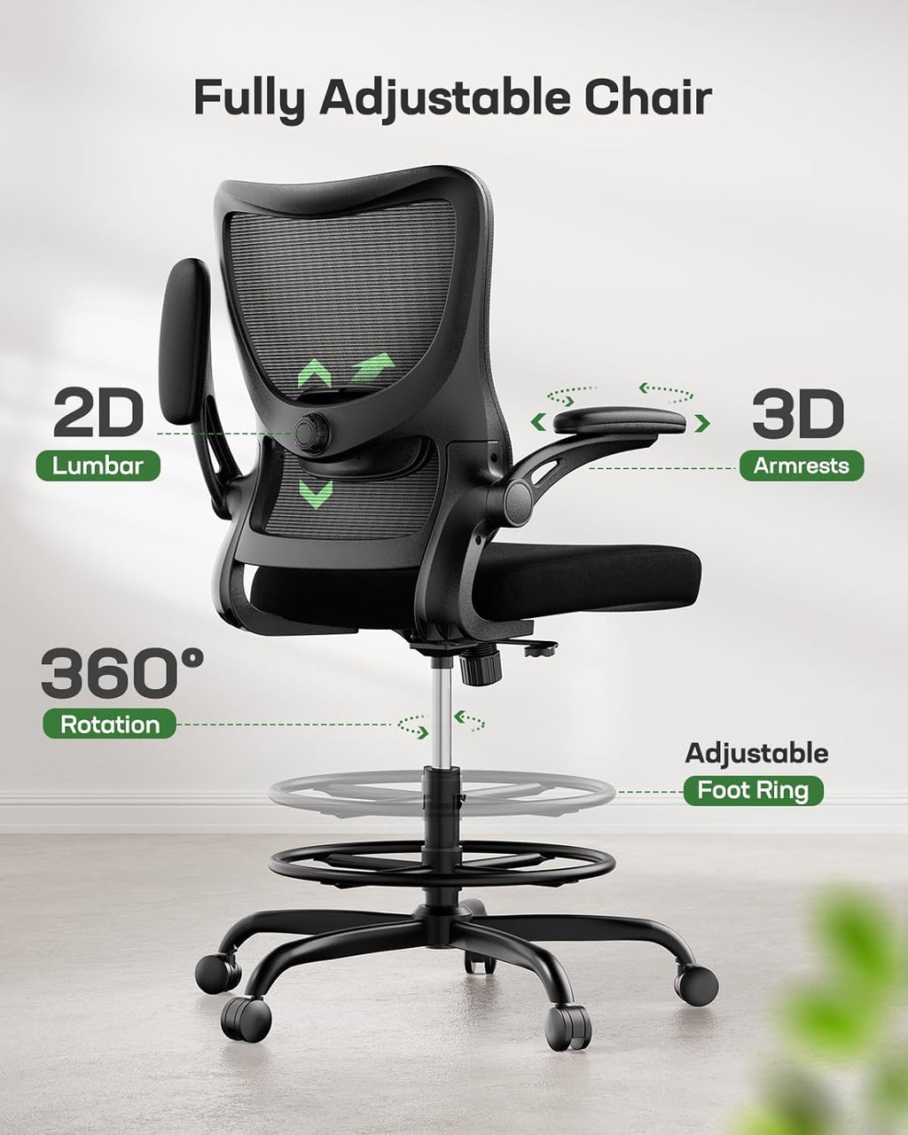 Marsail Drafting Chair, Tall Office Chair with 2D Lumbar Support, Standing Desk Chair,High Office Chair with Padded Flip-Up Armrests & Adjustable Footrest Ring, Ebony