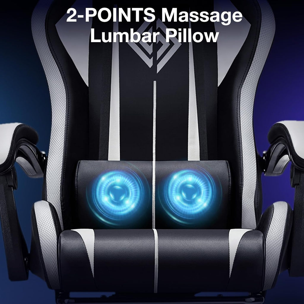 RGB Gaming Chair with LED Lights Massage Ergonomic Computer Gaming Chair High Back Video Game Chair with Footrest and Adjustable Lumbar Support Linkage Armrest Gamer Chairs for Adults White and Black