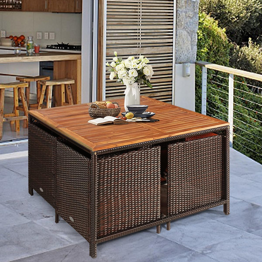 Tangkula 9 Pieces Patio Acacia Wood Table and Chairs Set with Umbrella Hole, Outdoor Space Saving Outdoor Dining Set,for Garden,Yard,Poolside