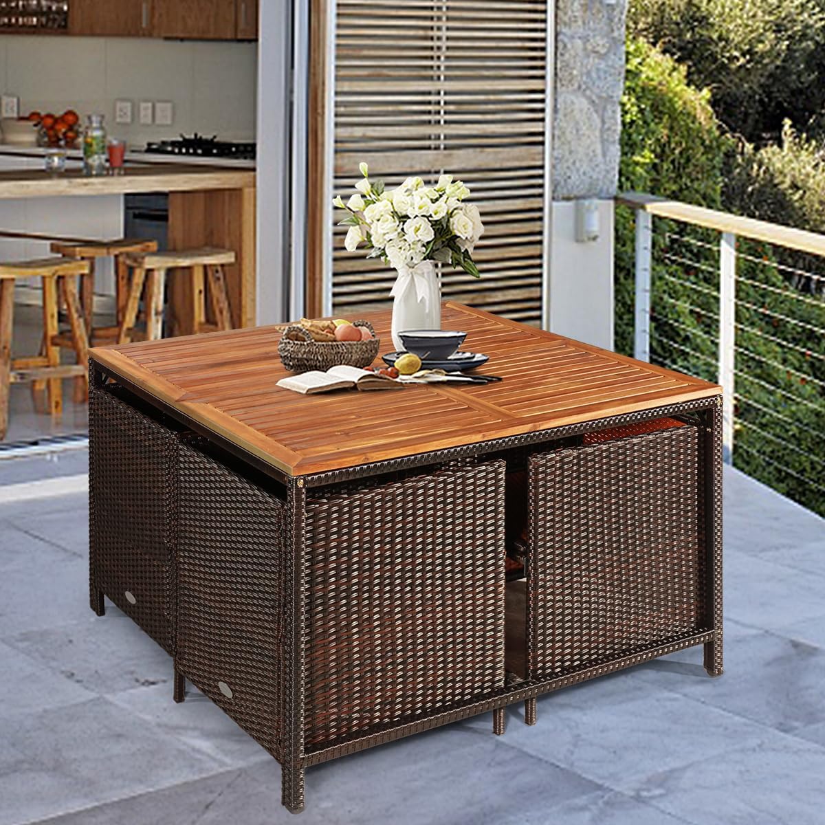 Tangkula 9 Pieces Patio Acacia Wood Table and Chairs Set with Umbrella Hole, Outdoor Space Saving Outdoor Dining Set,for Garden,Yard,Poolside