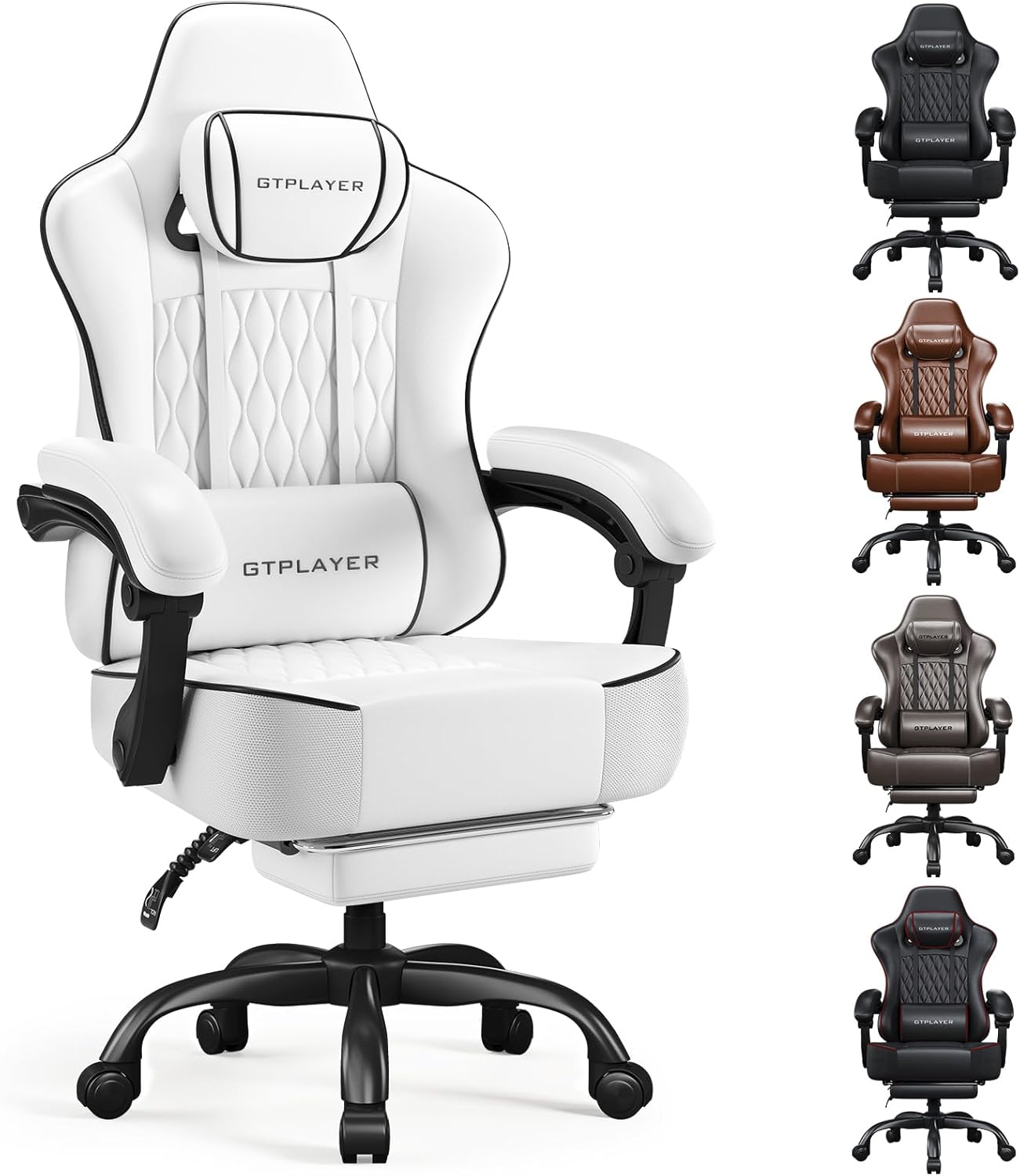 GTPLAYER Big and Tall Gaming Chair with Footrest, Ergonomic Office Desk Chair with 4.4in Thick Cushion and Wide Wingless Seat, Comfortable Leather Computer Chair, Predator Series, White