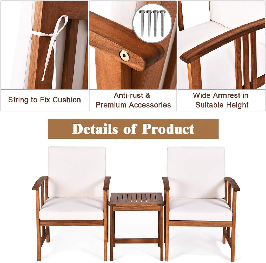 Tangkula 3 Pieces Patio Furniture Set, Includes Set of 2 Outdoor Acacia Wood Cushioned Chairs and Coffee Table, for Garden, Backyard, Poolside, Bistro and Deck, Patio Conversation Chat Set (White)