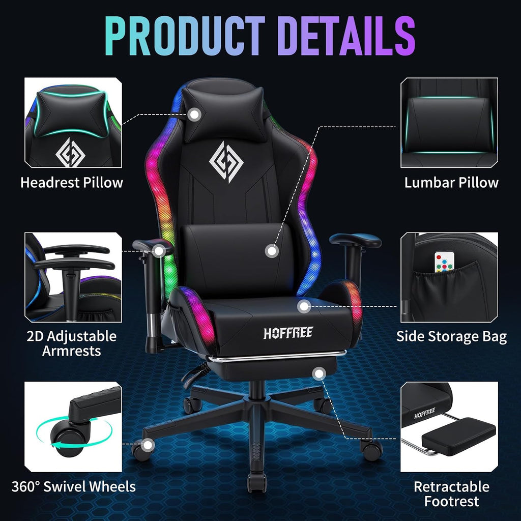 HOFFREE RGB LED Gaming Chair for Kids Reclining Gaming Chairs for Teens 8-15 Computer Chair with RGB Lights Kids PC Game Chair with Footrest and Lumbar Support Video Game Chairs Black