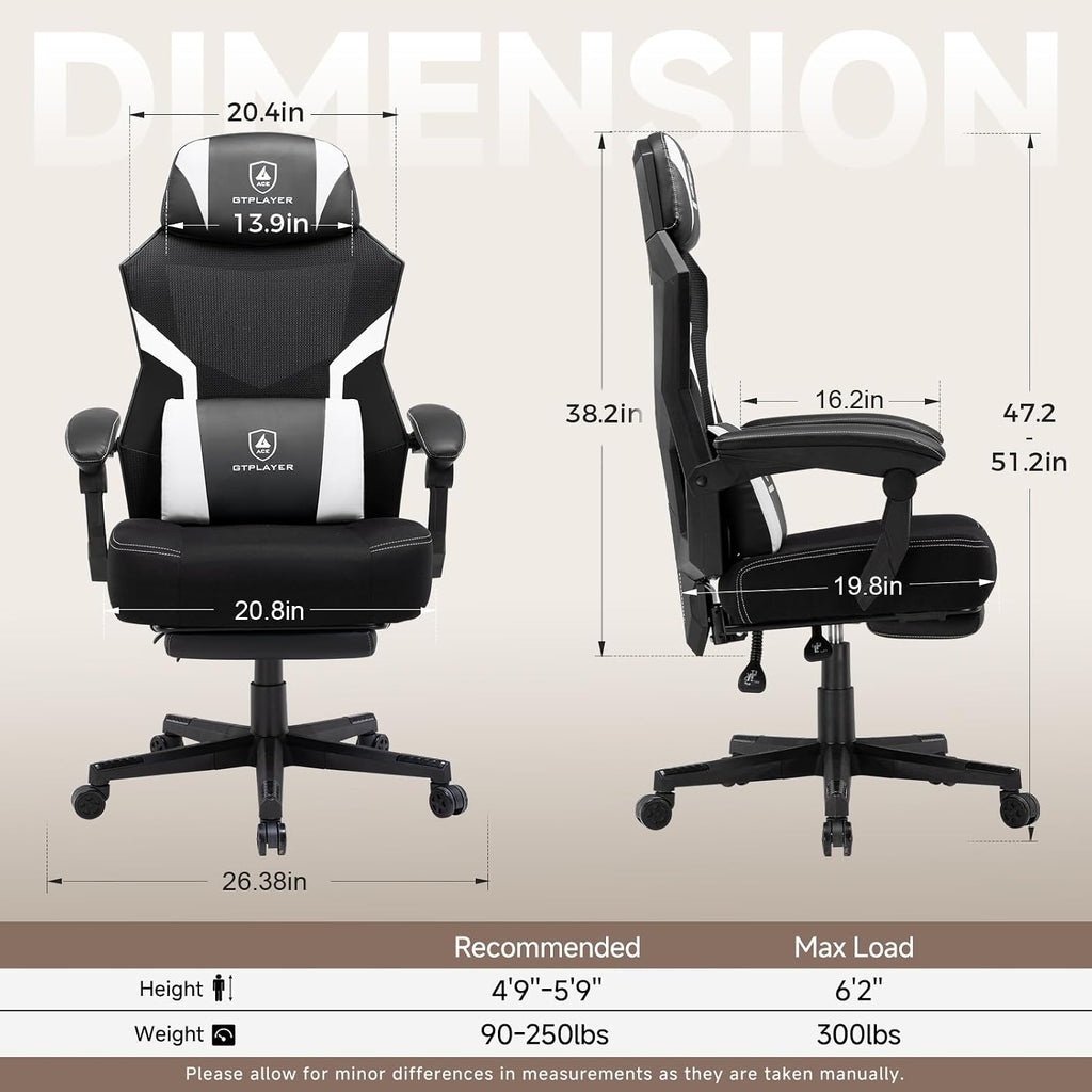 GTPLAYER Computer Chair with Adjustable Footrest, Ergonomic Gaming Chair with Headrest and Lumbar Support, Breathable Mesh Office Chair for Adults, High Back Reclining Desk Chair for Gaming and Office