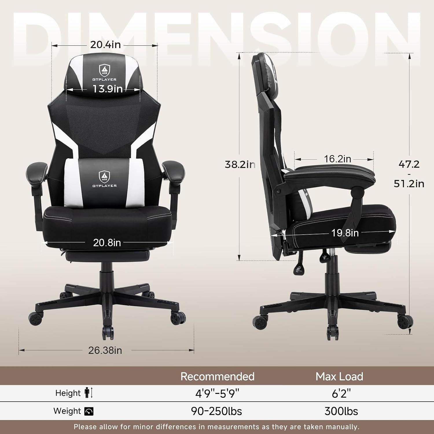 GTPLAYER Computer Chair with Adjustable Footrest, Ergonomic Gaming Chair with Headrest and Lumbar Support, Breathable Mesh Office Chair for Adults, High Back Reclining Desk Chair for Gaming and Office