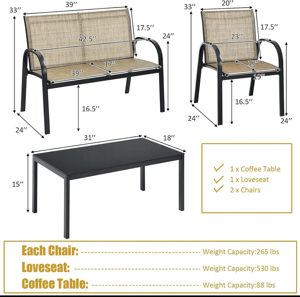 Tangkula 4 Pieces Patio Furniture Set, Metal Frame Heavy Duty Outdoor Conversation Set, Includes Glass Top Coffee Table, 2 Armrest Chairs and Loveseat, Suitable for Lawn Garden Porch Balcony (Brown)