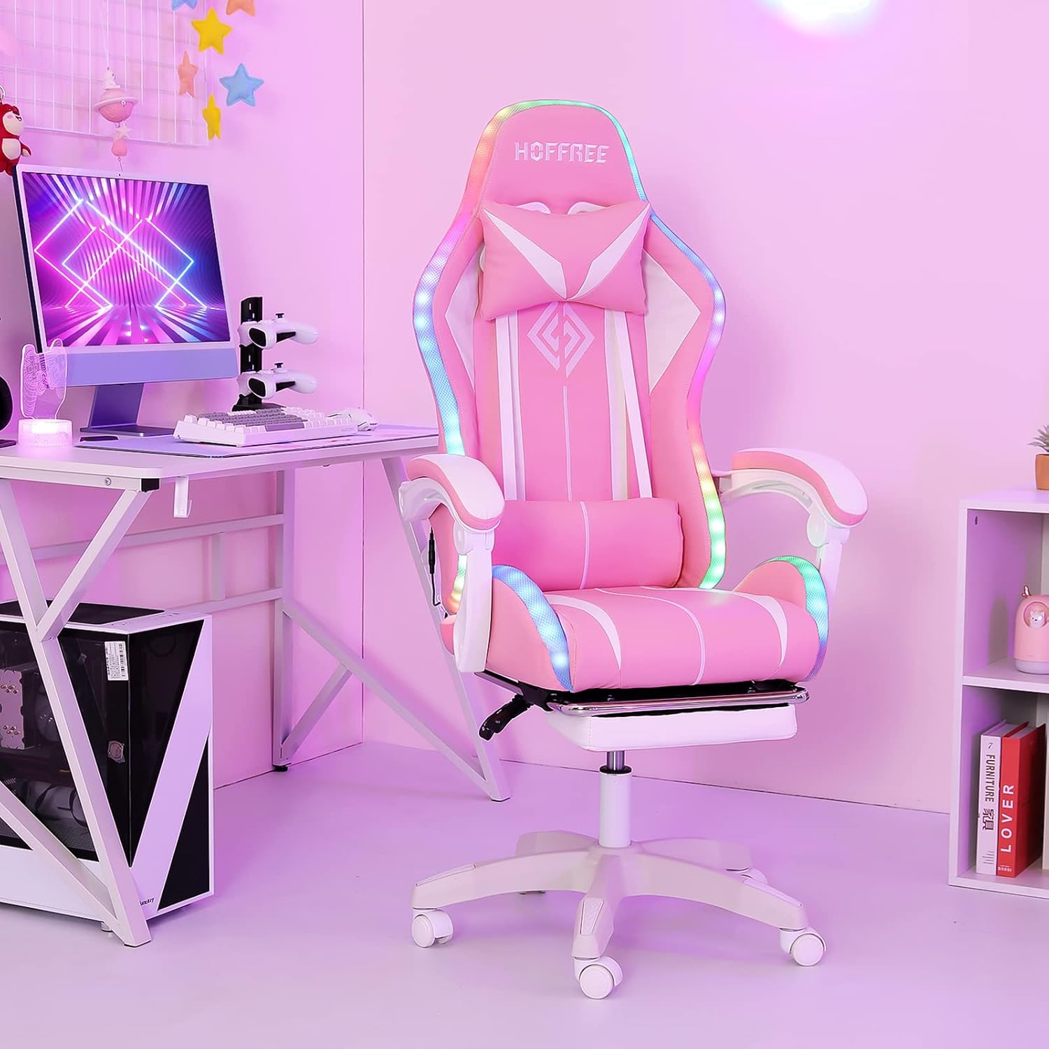VANSPACE Computer Gaming Chair Pink with Bluetooth Speakers and RGB LED Lights for Girls Massage Chair with Footrest Cute Video Game Chairs High Back with Lumbar Support and Headrest Pink and White