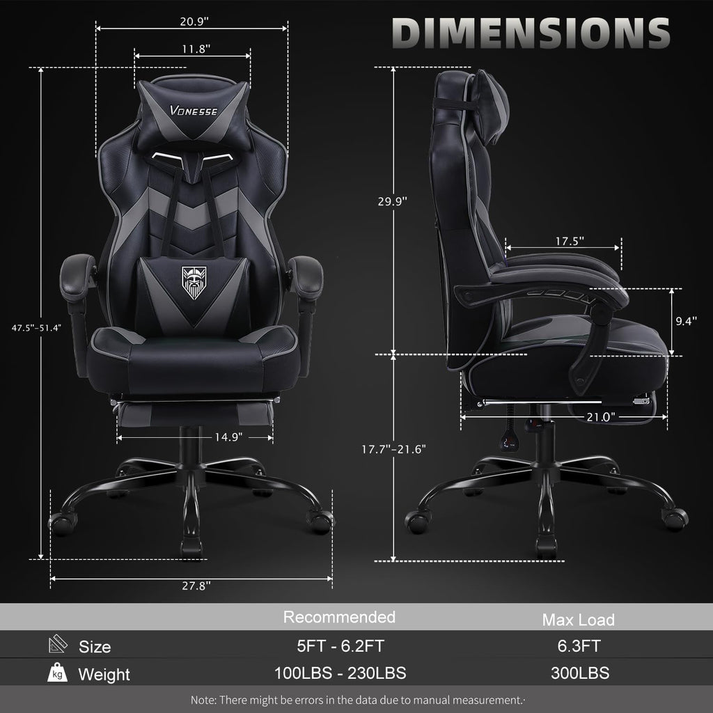 Vonesse Gaming Chair, High Back Gaming Chair with Footrest and Massage, Gaming Chairs for Adults with Pocket Spring Cushion, Big and Tall Reclining Computer Chair with Lumbar Support (Grey/Black)