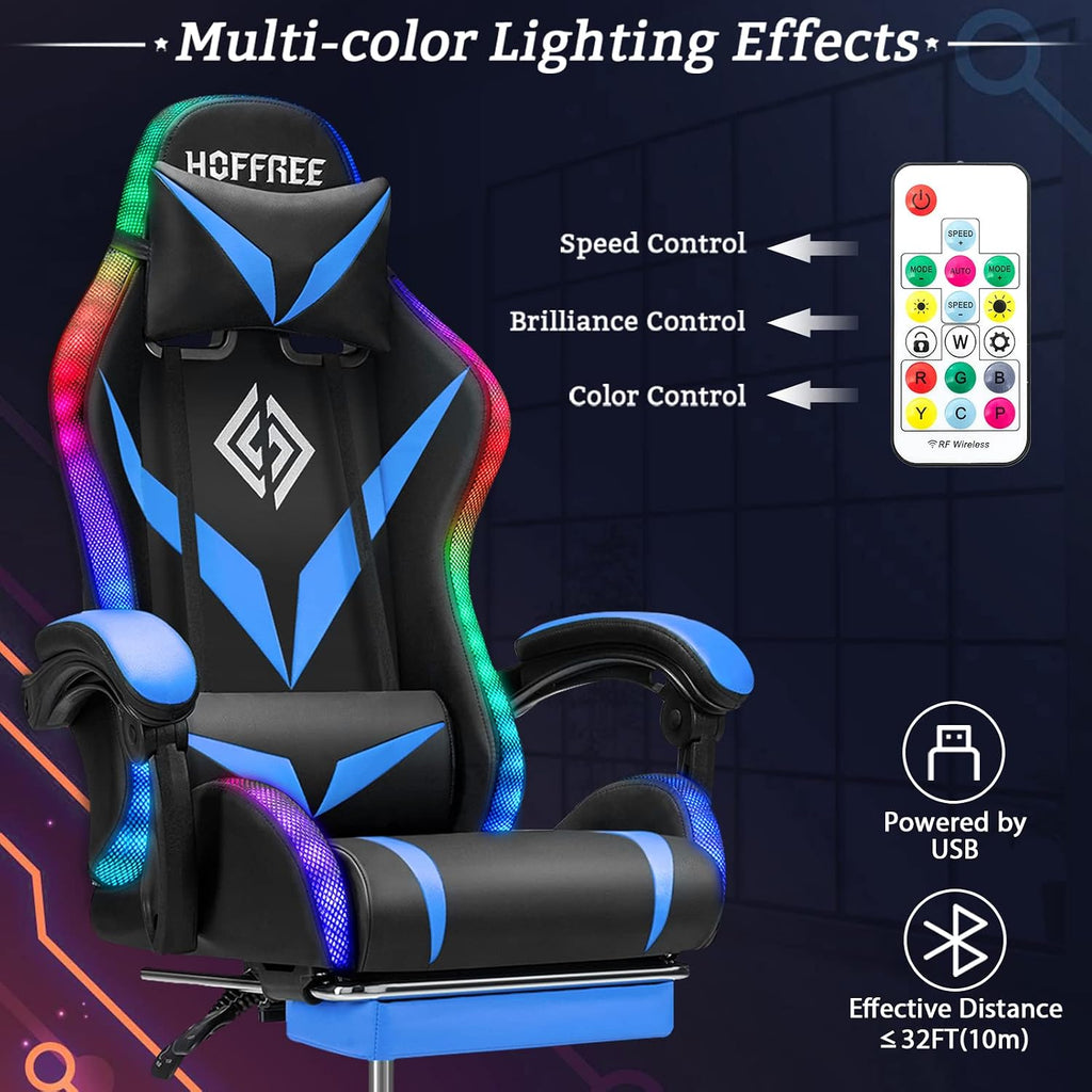 RGB Gaming Chair with Massage and LED Lights Ergonomic Video Game Chairs with Footrest High Back Reclining Computer Chair with Adjustable Lumbar Support Blue and Black
