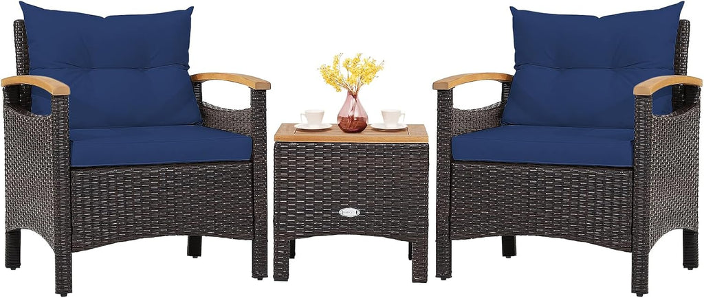 Tangkula 3-Piece Patio Furniture Set, Patiojoy Outdoor Rattan Sofa Set with Coffee Table, Patio Conversation Set with Removable Cushion, Cozy Acacia Wood Armrests for Backyard, Poolside (Navy)