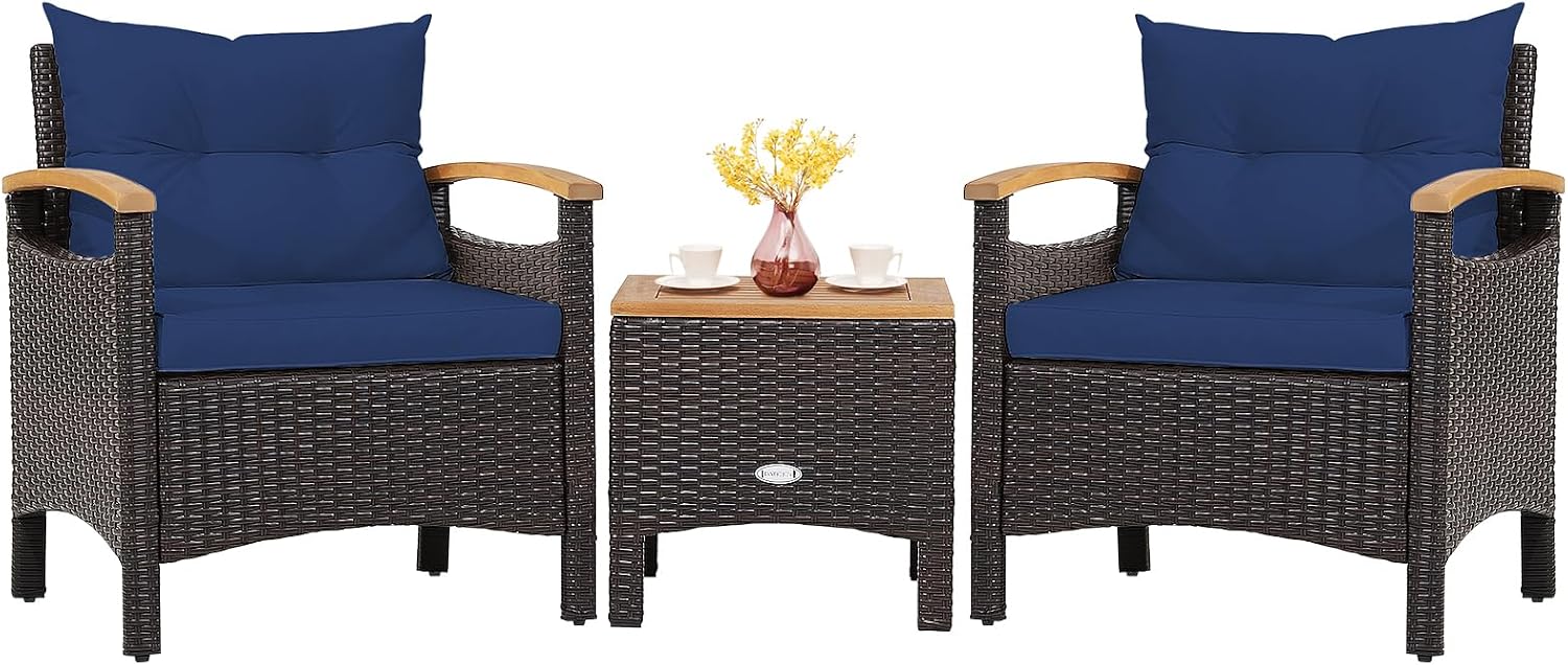 Tangkula 3-Piece Patio Furniture Set, Patiojoy Outdoor Rattan Sofa Set with Coffee Table, Patio Conversation Set with Removable Cushion, Cozy Acacia Wood Armrests for Backyard, Poolside (Navy)