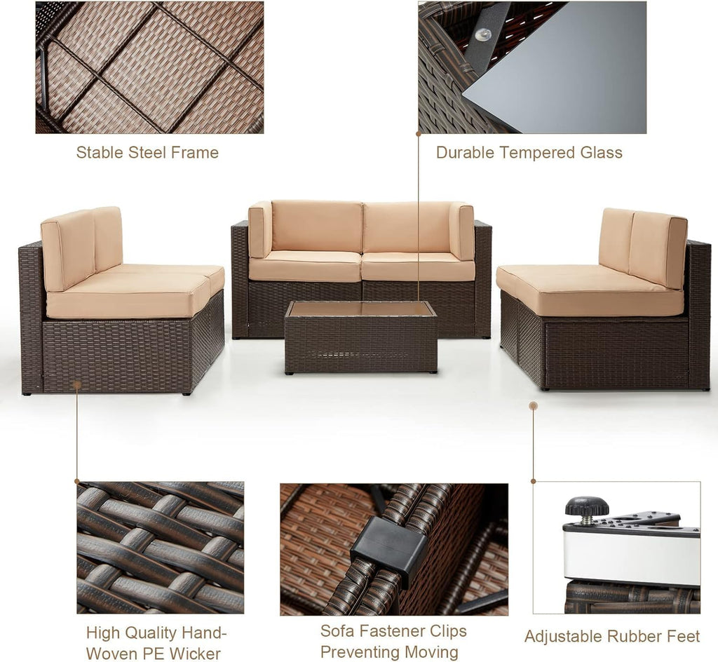 U-MAX 7 PCS Patio Funriture Set with Coffee Table (Four-line Rattan(7 pcs/with Cover), Brown Rattan&Beige)