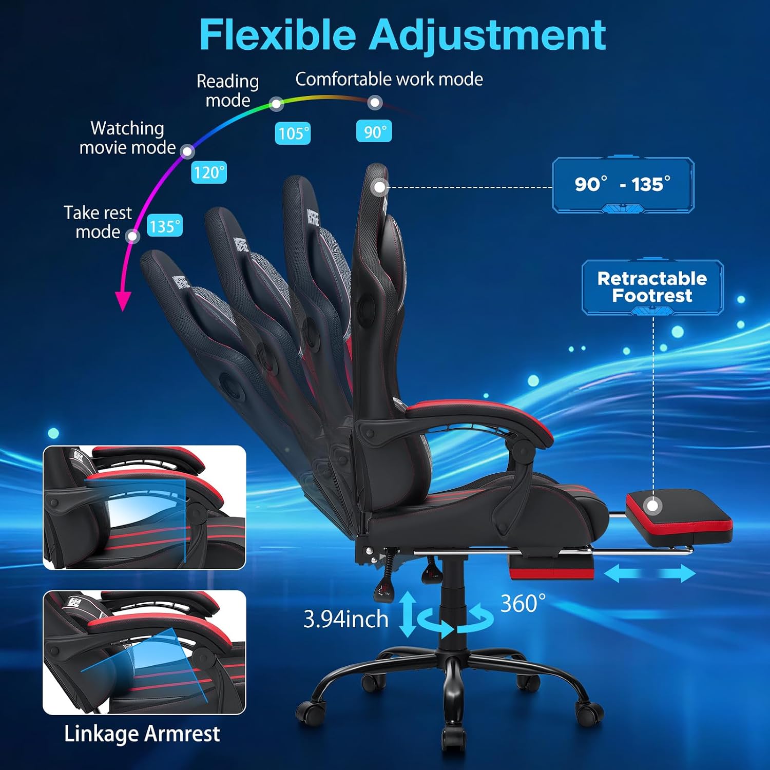 HOFFREE LED Gaming Chair with Bluetooth Speakers Massage Gaming Chair with RGB Lights Big and Tall Game Chairs for 400lbs Heavy People High Back Computer Desk Chair with Footrest Red and Black