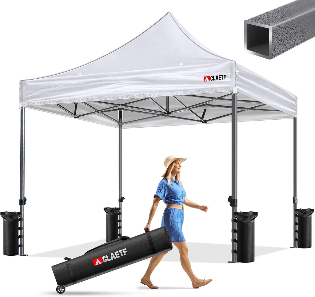 Heavy Duty Pop Up Canopy Tent-8 Drainage Holes,Waterproof & UPF 50+,4 Sandbags,8 Stakes for Commercial,Outdoor Events Instant Set Up,(White 10x10)
