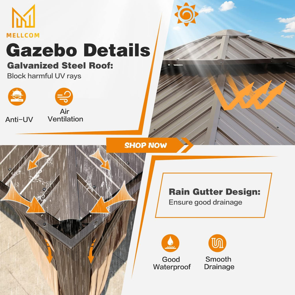 MELLCOM 12' x 12' Hardtop Gazebo, Galvanized Steel Double Roof Outdoor Gazebos, Aluminum Frame Metal Gazebo with Netting and Curtains for Patio, Lawn & Garden