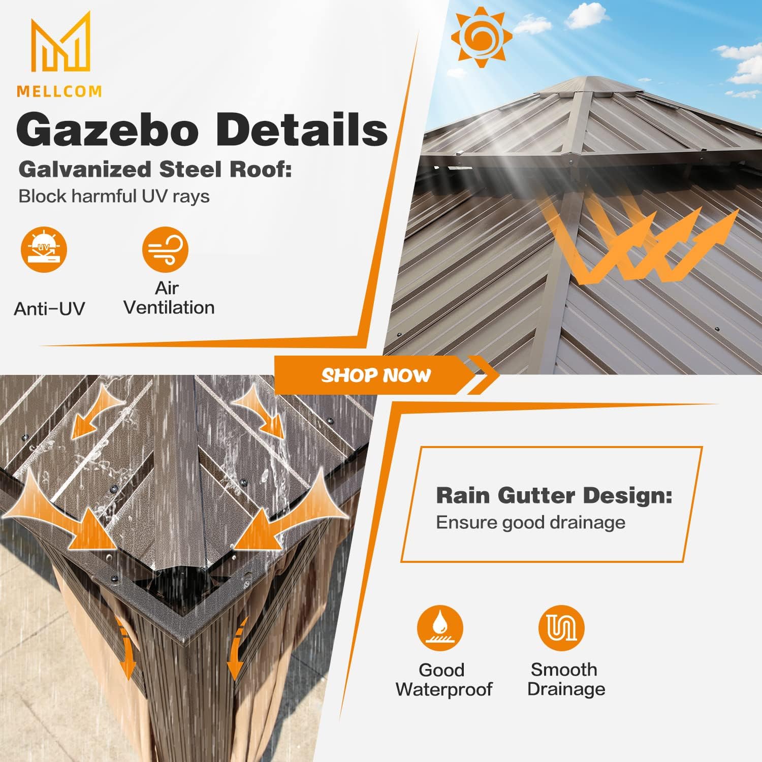 MELLCOM 12' x 12' Hardtop Gazebo, Galvanized Steel Double Roof Outdoor Gazebos, Aluminum Frame Metal Gazebo with Netting and Curtains for Patio, Lawn & Garden