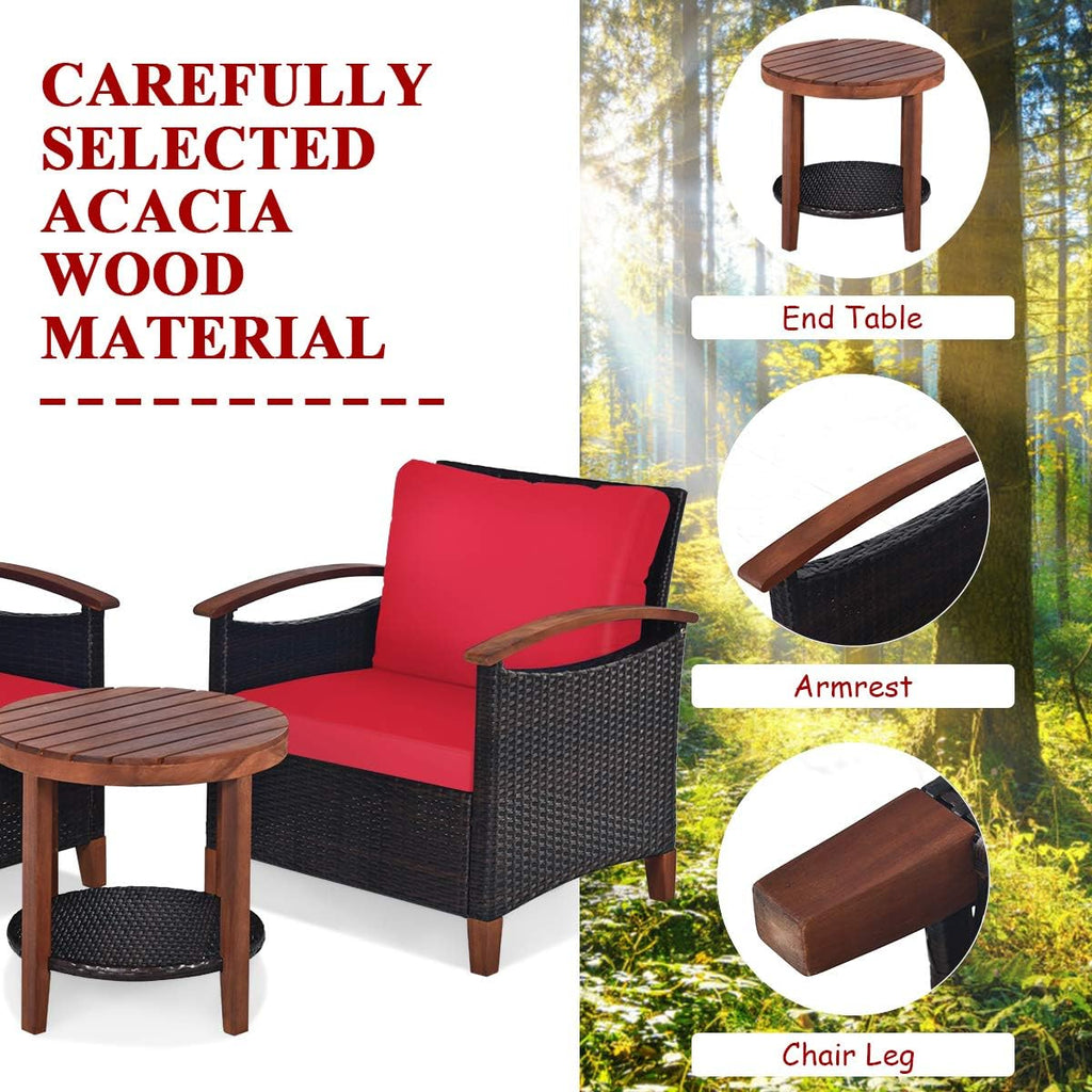 Tangkula 3 Pieces Patio Furniture Set, Outdoor Rattan Sofa and Side Table w/Solid Acacia Wood Frame, High Load Bearing Conversation Bistro Set w/Washable and Removable Cushions (Red)