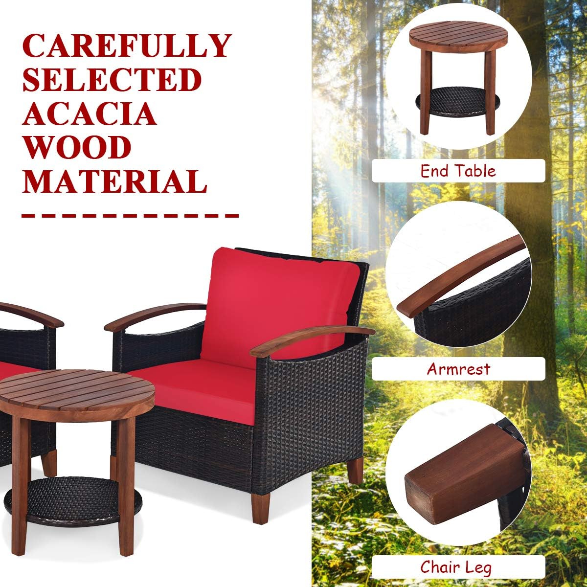 Tangkula 3 Pieces Patio Furniture Set, Outdoor Rattan Sofa and Side Table w/Solid Acacia Wood Frame, High Load Bearing Conversation Bistro Set w/Washable and Removable Cushions (Red)