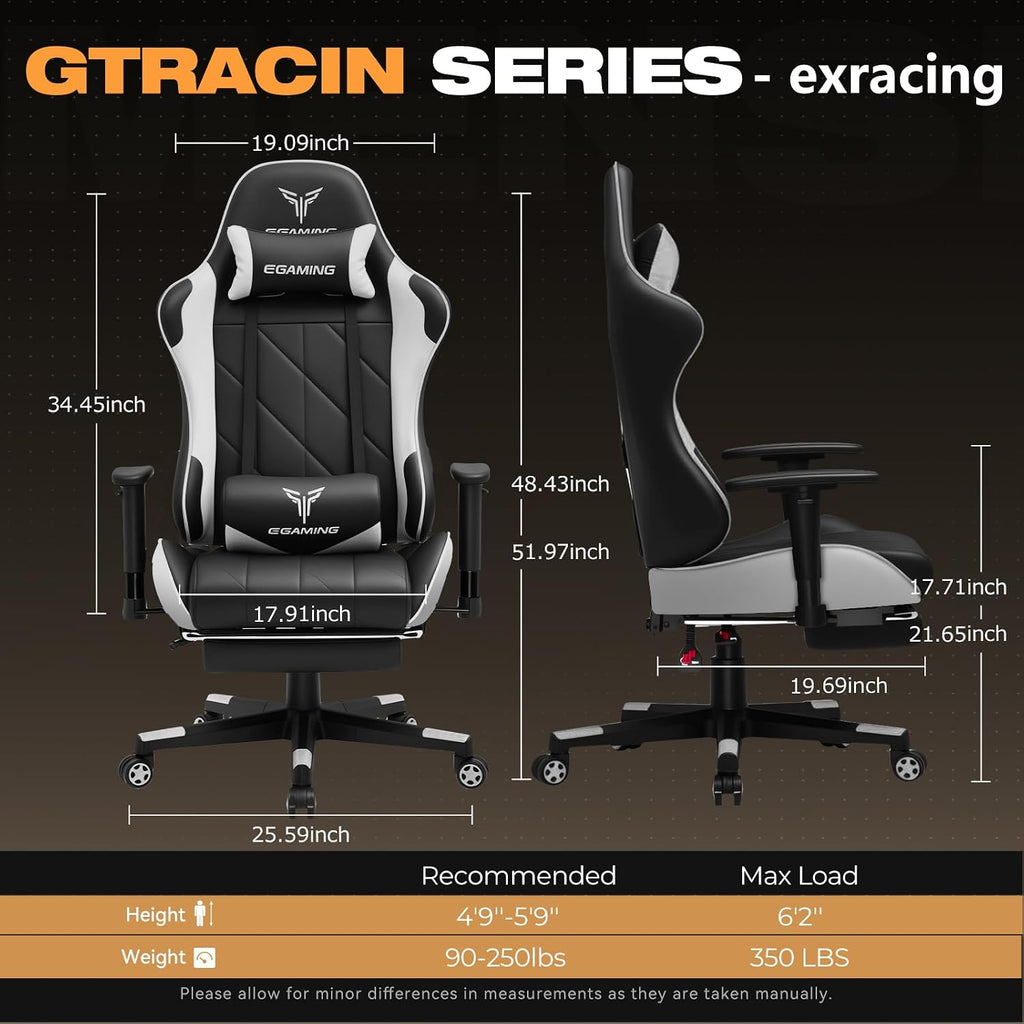 Gaming Chair with Footrest, Ergonomic High-Back PU Leather Computer Chair with 3D Adjustable Armrests, Headrest and Lumbar Support, Office Desk Chair with Diamond Stitching for Adults & Teen