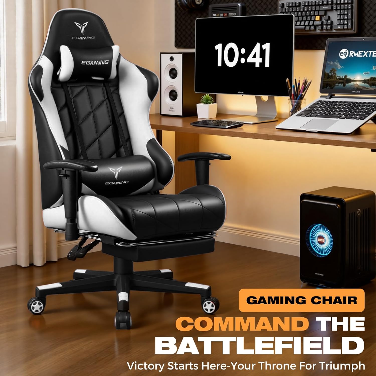 Gaming Chair with Footrest, Ergonomic High-Back PU Leather Computer Chair with 3D Adjustable Armrests, Headrest and Lumbar Support, Office Desk Chair with Diamond Stitching for Adults & Teen