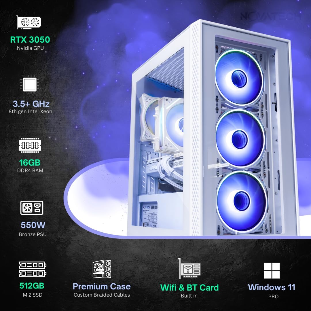 NOVATECH Phantom Prebuilt Gaming PC Desktop Computer - RTX 3050 - i7 Xeon 3.5GHz - 16GB RAM - 512GB M.2 SSD WiFi/BT, Win 11 Pro - Gaming Computer Tower, Pre Built PC Gaming - 1 Year Warranty (White)
