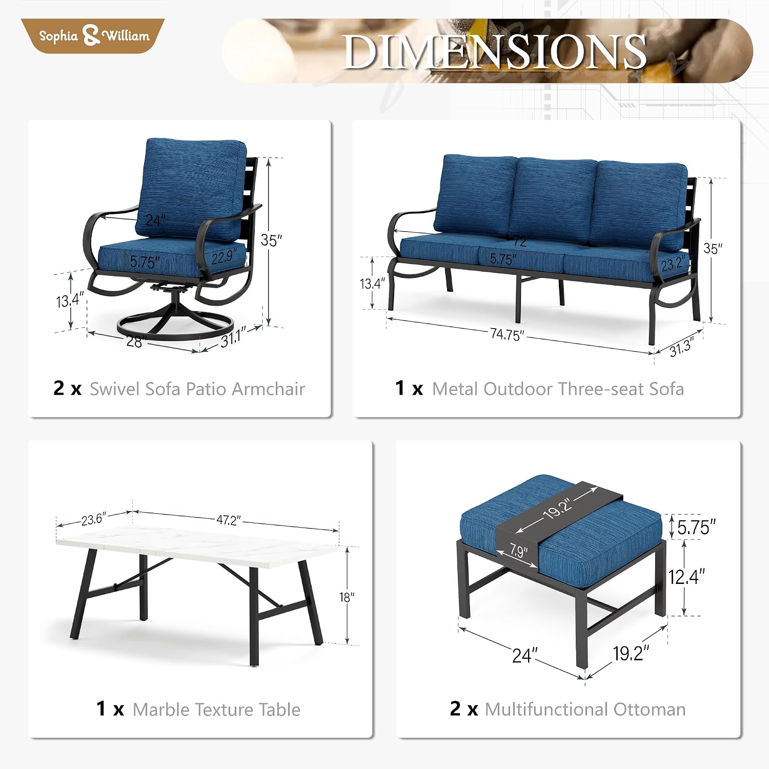 Sophia & William Patio Furniture Sets 6 Pcs Outdoor Conversation Set for 7,2 x Cushioned Swivel Sofa Chairs,1 x 3-Seat Sofa,2 Ottomans, Marbling Metal Coffee Table Backyard Poolside Peacock Blue