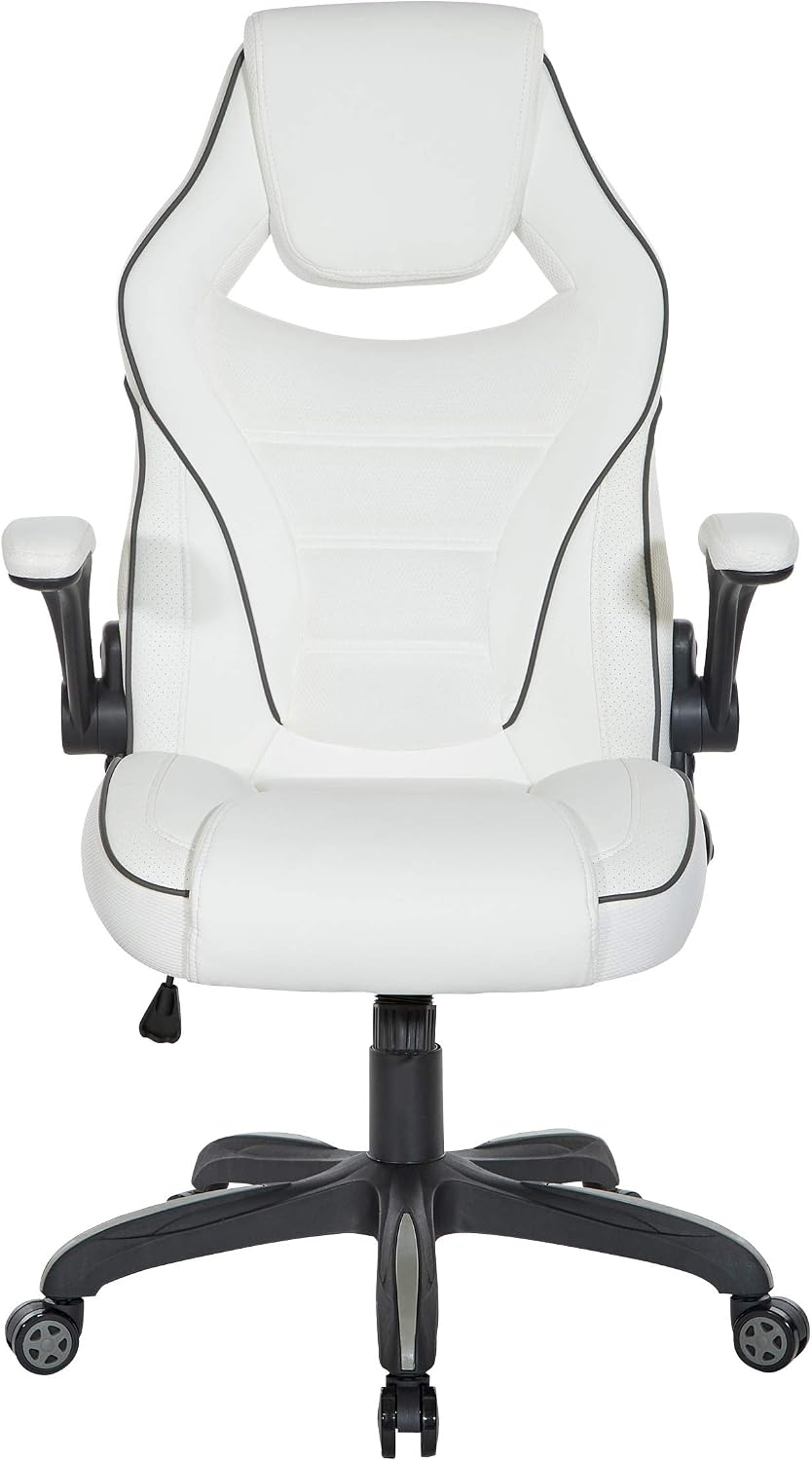 OSP Home Furnishings Xeno Ergonomic Adjustable Faux Leather Gaming Chair with Integrated Headrest and Airflow Cooling Material, White with Black Accents