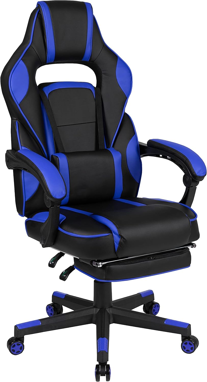 EMMA + OLIVER Black/Blue Ergonomic Gaming Chair -Recline Back/Arms, Footrest, Massaging Lumbar