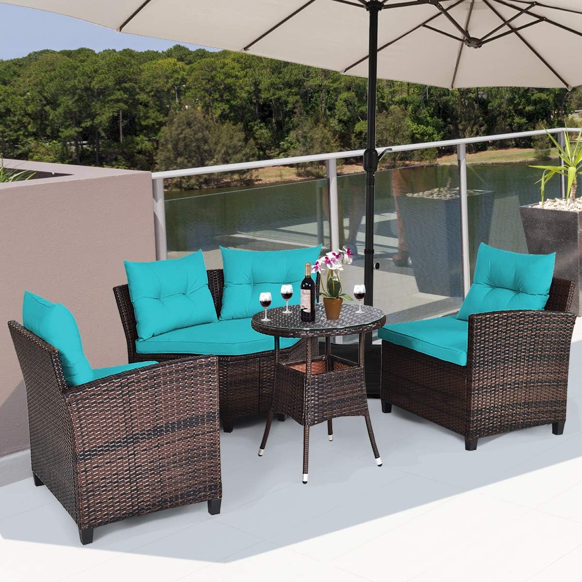 Tangkula 4-Piece C Shape Patio Furniture Set, Outdoor Corner Wicker Rattan Sectional Cushioned Sofa Set, with Glass Coffee Table, for Garden Poolside Balcony (Turquoise)