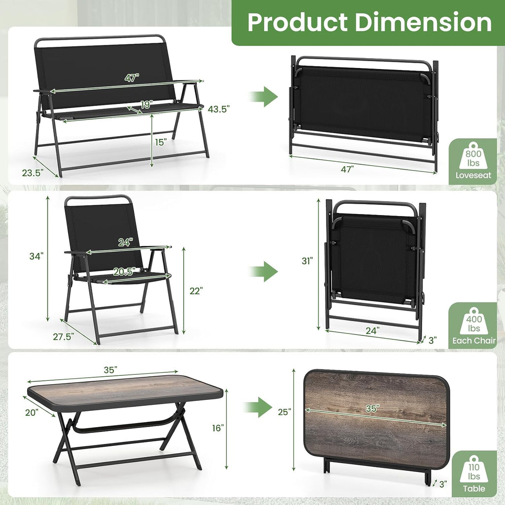 Tangkula 4 Piece Folding Patio Furniture Set, Metal Chair & Table Set with Breathable Fabric Seat, Outdoor Sectional Conversation Set with 2 Patio Chairs, Loveseat, Coffee Table for Yard Porch Deck