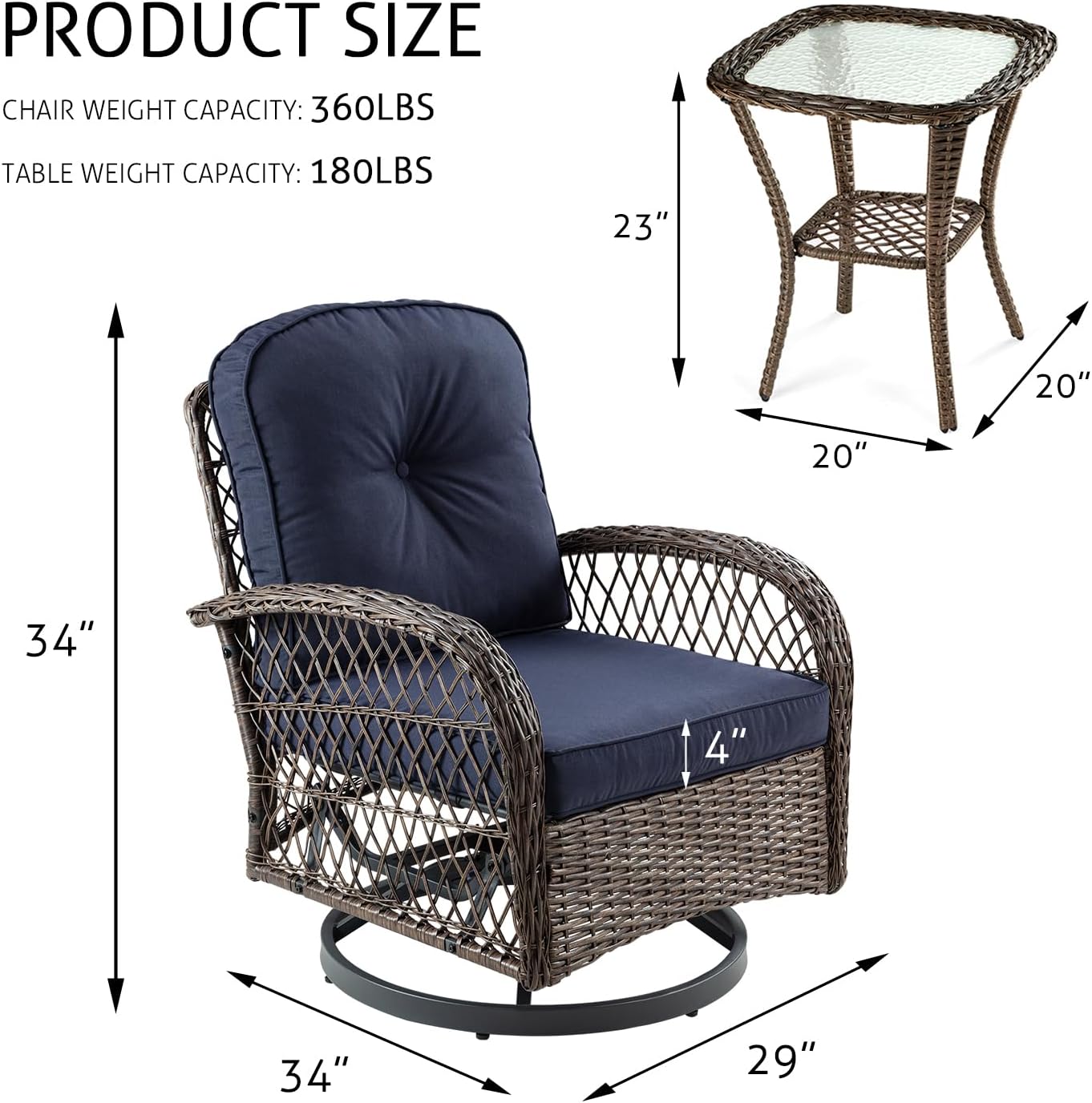 SHA CERLIN 3 Pieces Patio Furniture Set, Outdoor Swivel Glider Rocker, Wicker Patio Bistro Set with Rocking Chair, Cushions and Table (Blue)