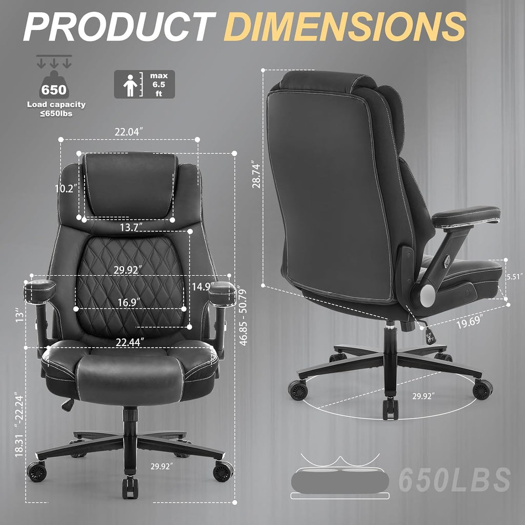 Big and Tall Office Chair, 650lbs Capacity Wide Office Chair for Heavy People, Ergonomic High Back Office Chair with Upgraded Quiet Rubber Wheel, 5D Flip Arms